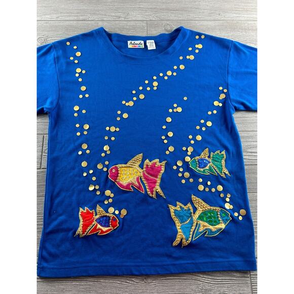 VTG Arlando Women's Blue Sequin Embroidered Fish Graphics Crew Neck Tee Large - Picture 6 of 11